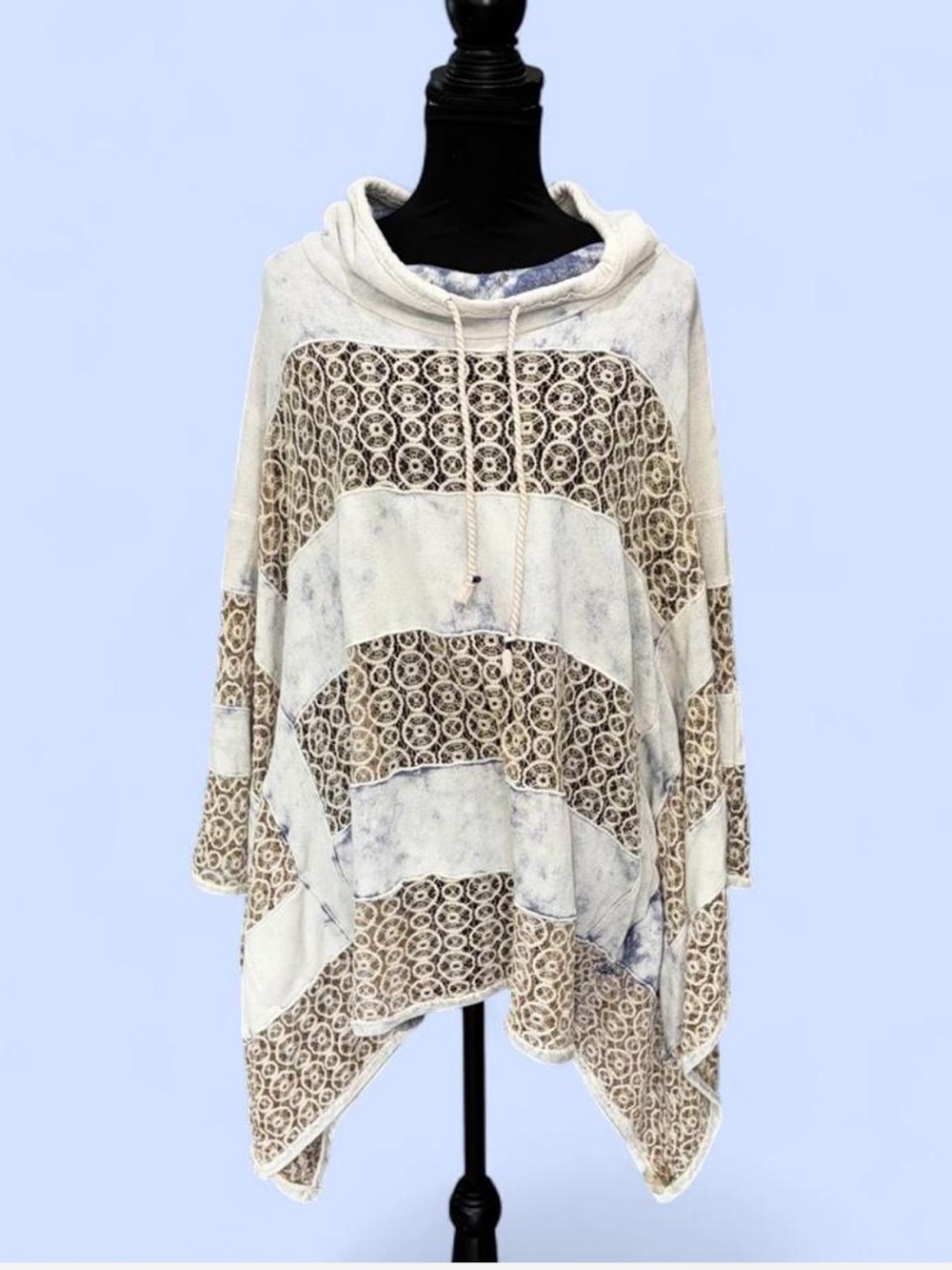 Free People Cream & Brown Striped Lace Poncho Sweater